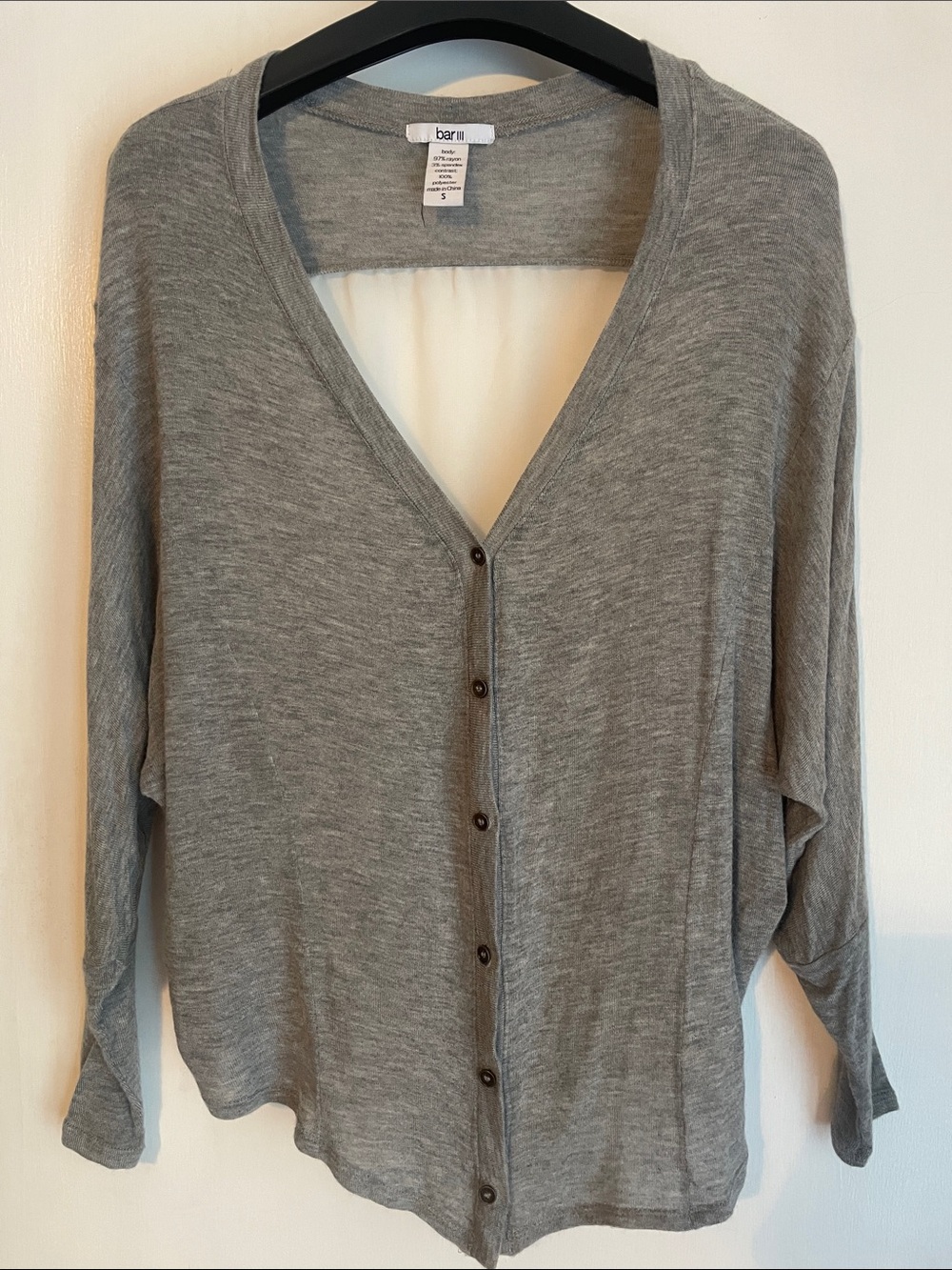 Bar III Heather Gray Button-Front V-Neck Cardigan with Sheer Back